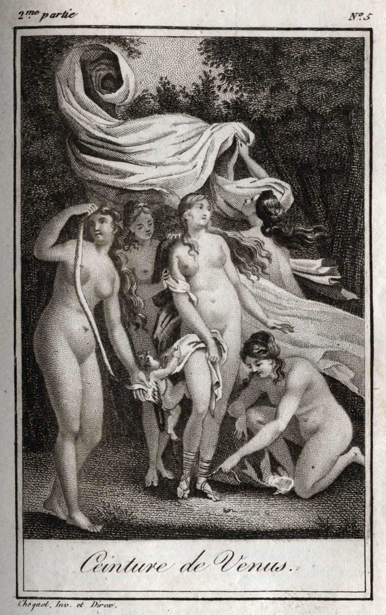 Cinto Venus: Enquanto a batalha continua a beneficiar os troianos, Junon usa o cinto de Vénus para encantar Júpiter, e dormir para o pôr a dormir. Gravura de 1819 em "Lettres a Emilie sur la mythologie" de Charles Albert Demoustier (1760-1801). Coleção par de Anonymous Anonymous