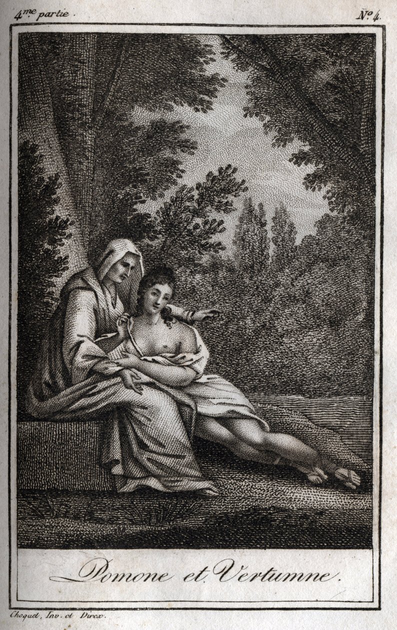Vertumne e Pomone (Júpiter e Ceres): Vertumne, apaixonada pela ninfa Pomone, disfarça-se de mulher velha para se aproximar dela. Gravura de 1819 em "Lettres a Emilie sur la mythologie" de Charles Albert Demoustier (1760-1801). Coleção particular. de Anonymous Anonymous