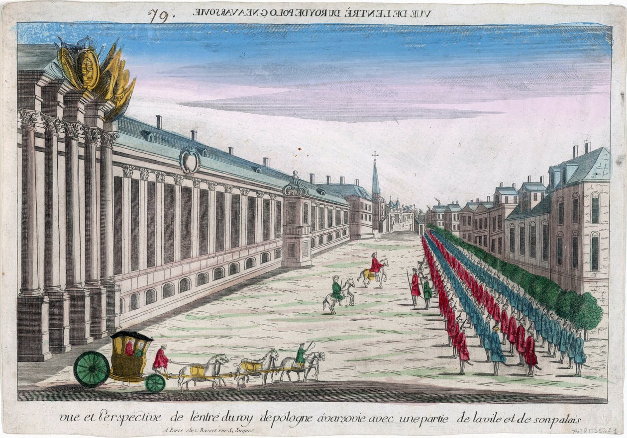 Vista e perspectiva da entrada do Rei da Polónia em Varsóvia com o seu palácio - Anónimo - 1735 - Gravura em cobre, aguarela - 29,2x41,8 - Colecção Privada de Anonymous Anonymous