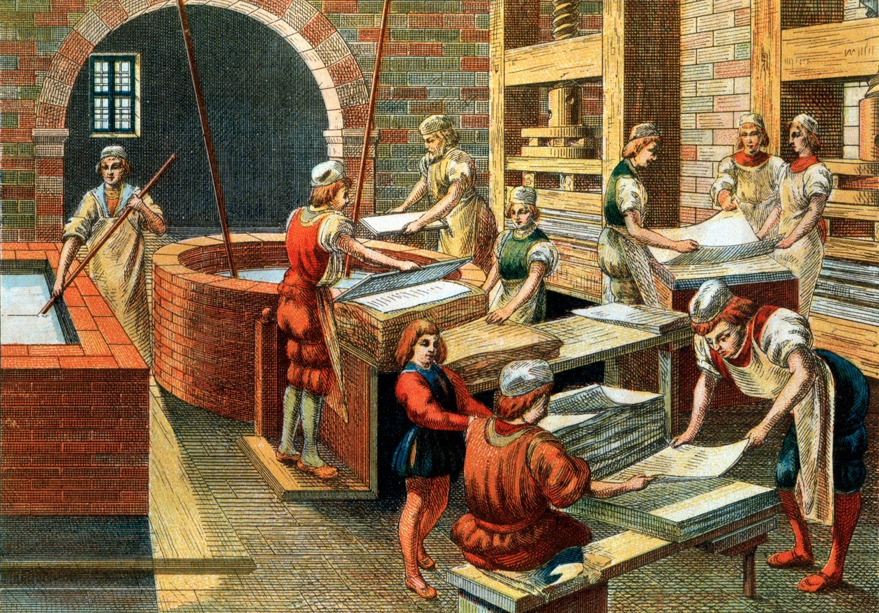 Vista de uma oficina de fabrico de papel em Fabriano, no século XVI, Itália. Os diferentes passos. A ilustração. Coleção Particular - Uma oficina de fabricação de papel em Fabriano (Itália) de Anonymous Anonymous