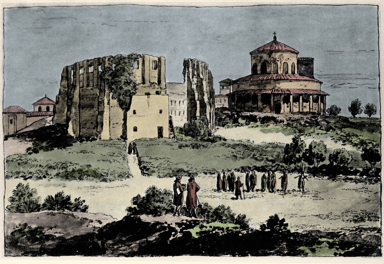 Vista da Igreja de Santa Constança (nza), mausoléu do imperador Constantino construído no século IV perto da Basílica de Santa Agnese (Agnese) em Roma Ilustração do século XIX de Anonymous Anonymous