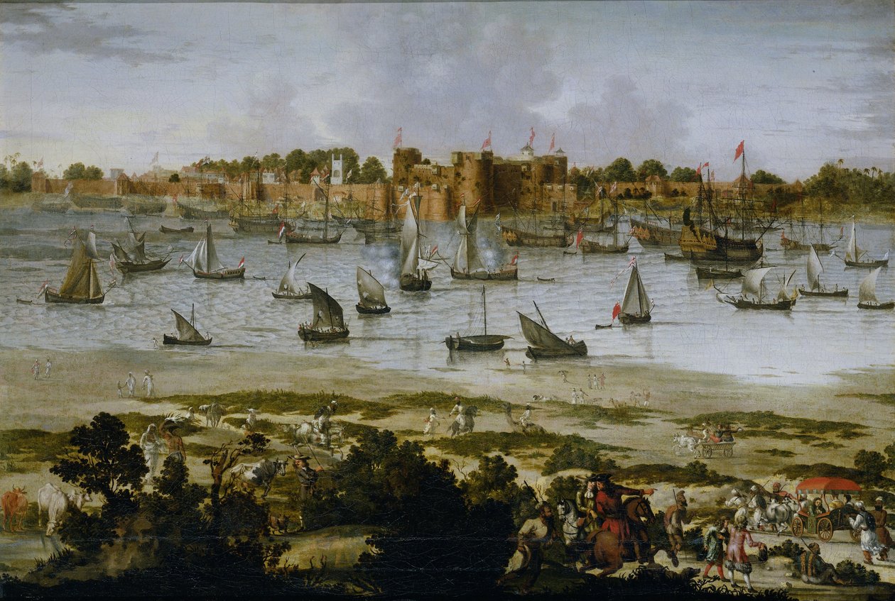 Vista do porto de Sūrat, c.1670 (óleo sobre tela) de Anonymous Anonymous