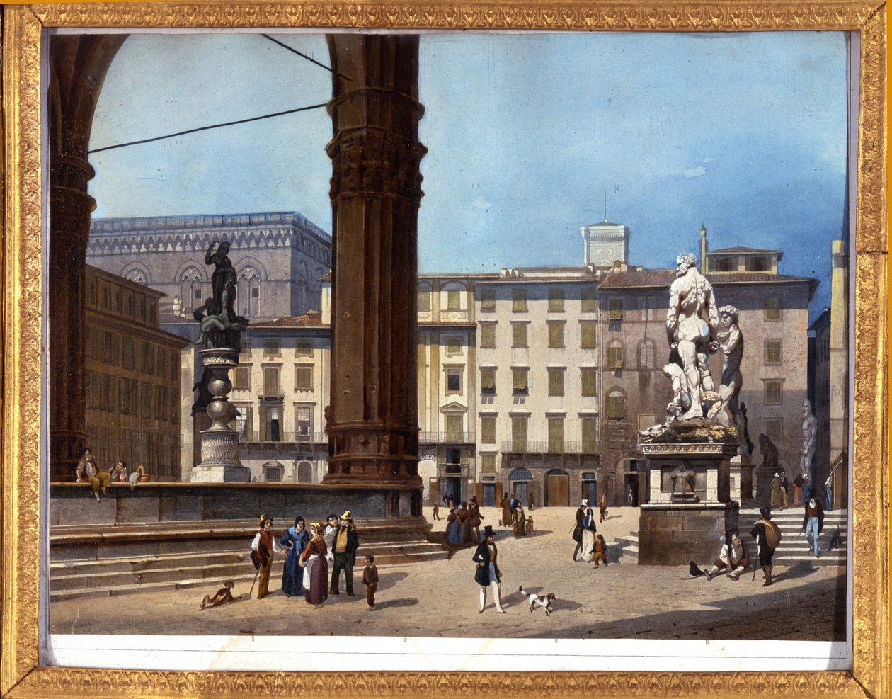 Vista da Loggia dei Lanzi (1576-1582) na Piazza della Signoria em Florença" Pintura anónima do século XIX de Anonymous Anonymous