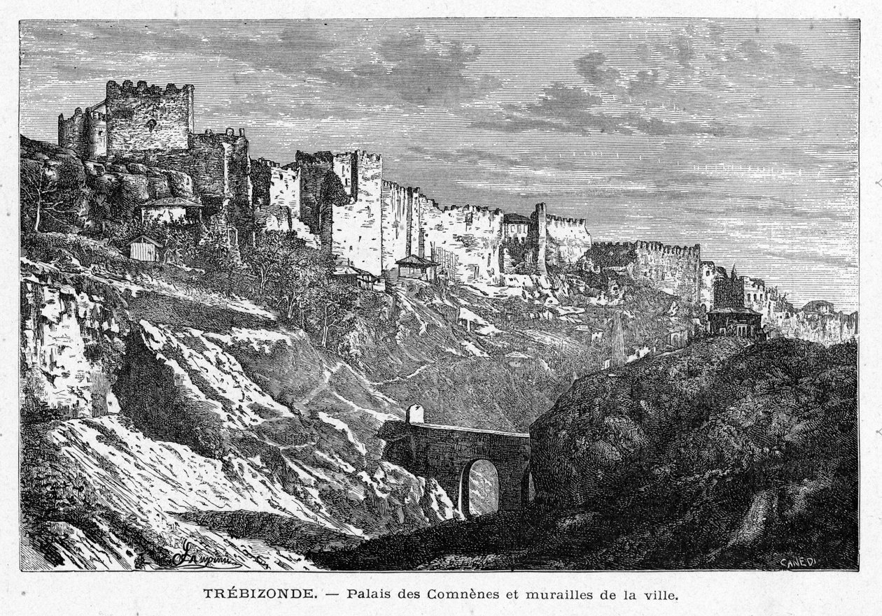 Vista do Palais des Comes e das muralhas da cidade de Trebizonde (Turquia). Gravura em "Les Missions Catholiques au XIXeme Siecle" de Louis-Eugene (Louis Eugene) Louvet. coleção particular. de Anonymous Anonymous