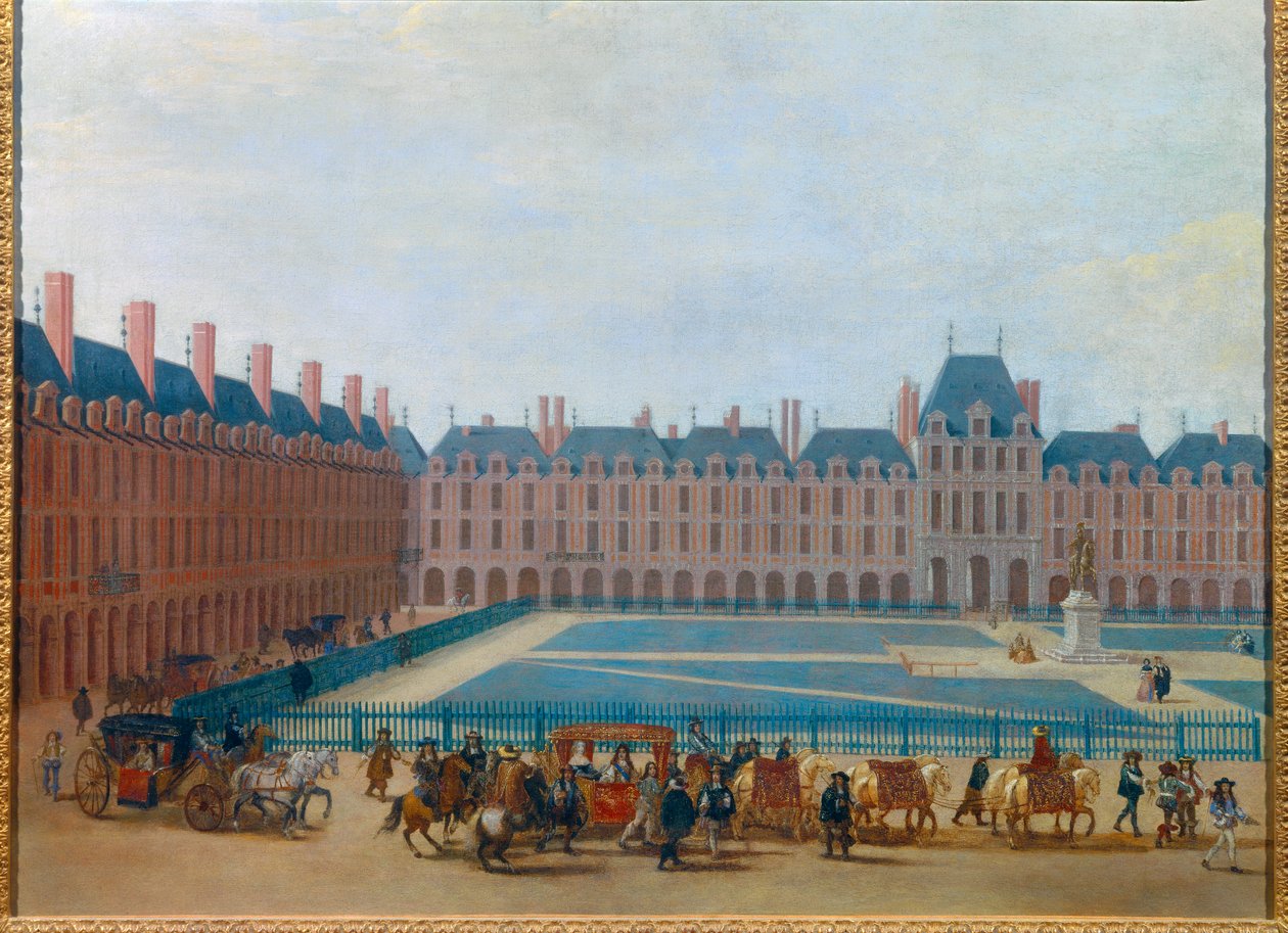 Vista da Praça Royale por volta de 1660, passagem da carruagem do Rei Luís XIV O actual lugar des Vosges em Paris. Pintura anónima do século XVII. Dim. 0,81 x 1,13 m Paris, Musee Carnavalet de Anonymous Anonymous