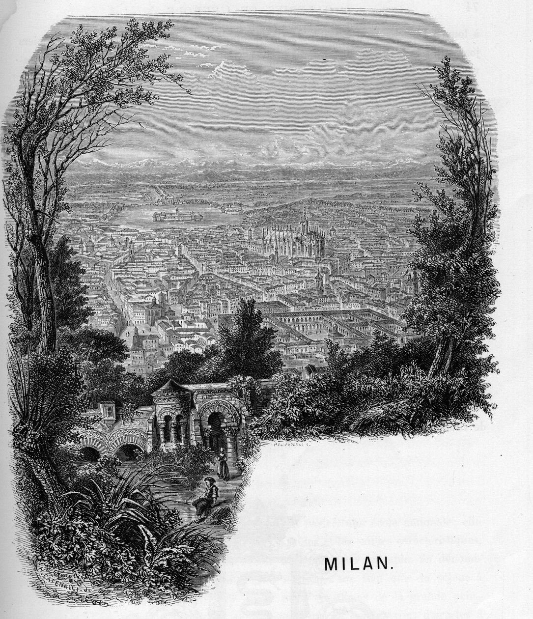 Vista da cidade de Milão (Milão), Itália. Gravura de 1859 em "les galeries de l
