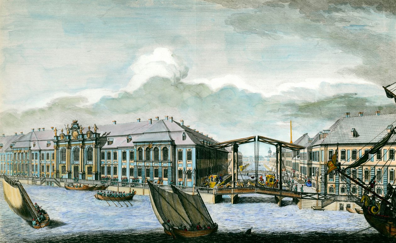 Vista do antigo Palácio de Inverno do Canal de Moika e Neva, em São Petersburgo, gravura do século XVIII. São Petersburgo, Biblioteca do Hermitage de Anonymous Anonymous