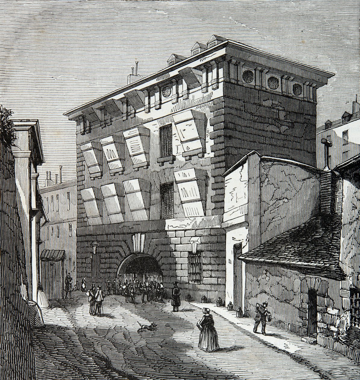 Vista da antiga prisão de La Force, rue du roi de Sicily em Paris no século XIX, Gravura, Colecção privada de Anonymous Anonymous