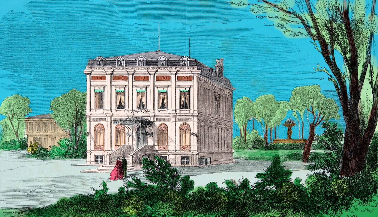 Vista da casa de Gioachino (Gioacchino, Giovacchino) Rossini (1792-1868) em Passy au Bois de Boulogne, Gravura, Coleção Particular de Anonymous Anonymous