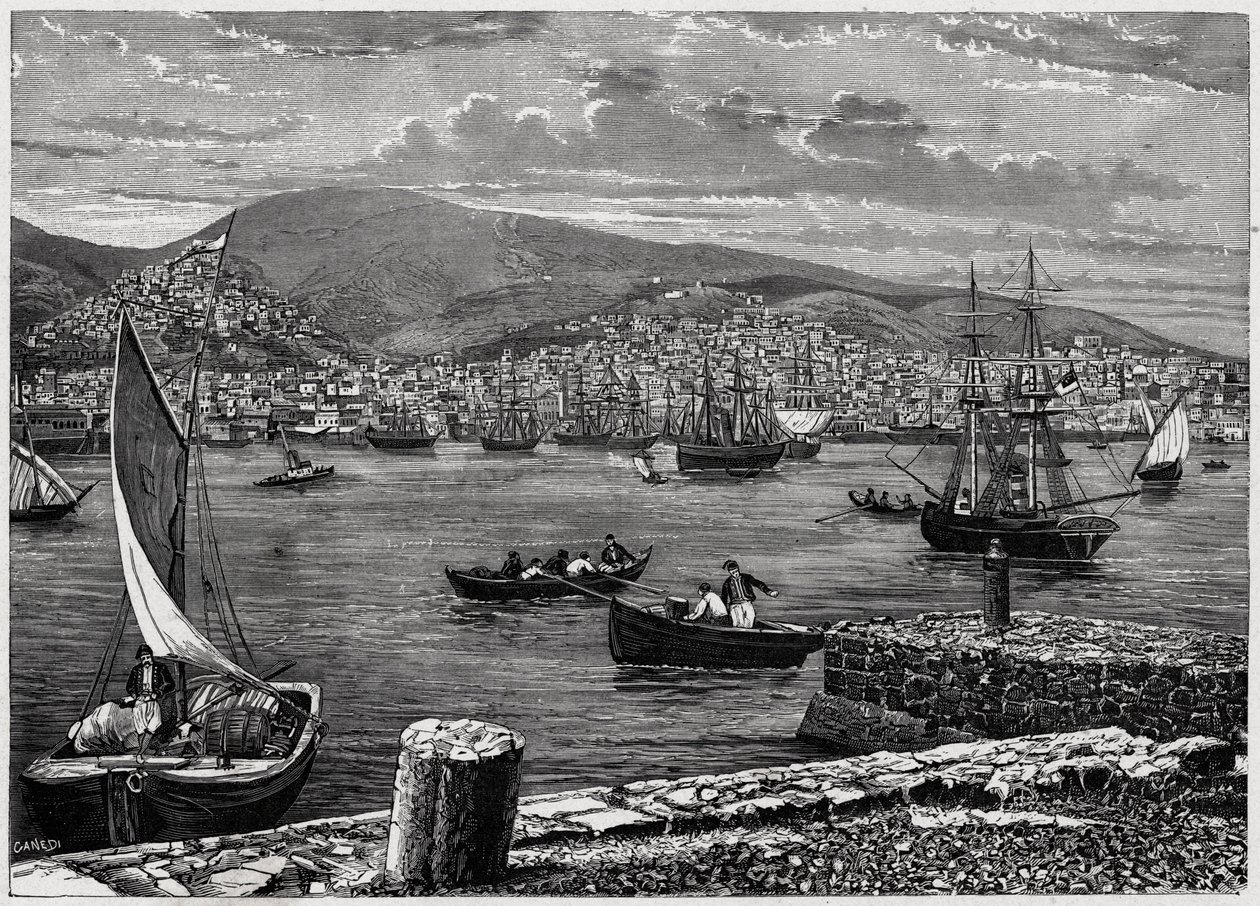 Vista da ilha de Syra, na Grécia. Gravura em "Les Missions Catholiques au XIXeme Siecle" de Louis-Eugene (Louis Eugene) Louvet. coleção particular. de Anonymous Anonymous