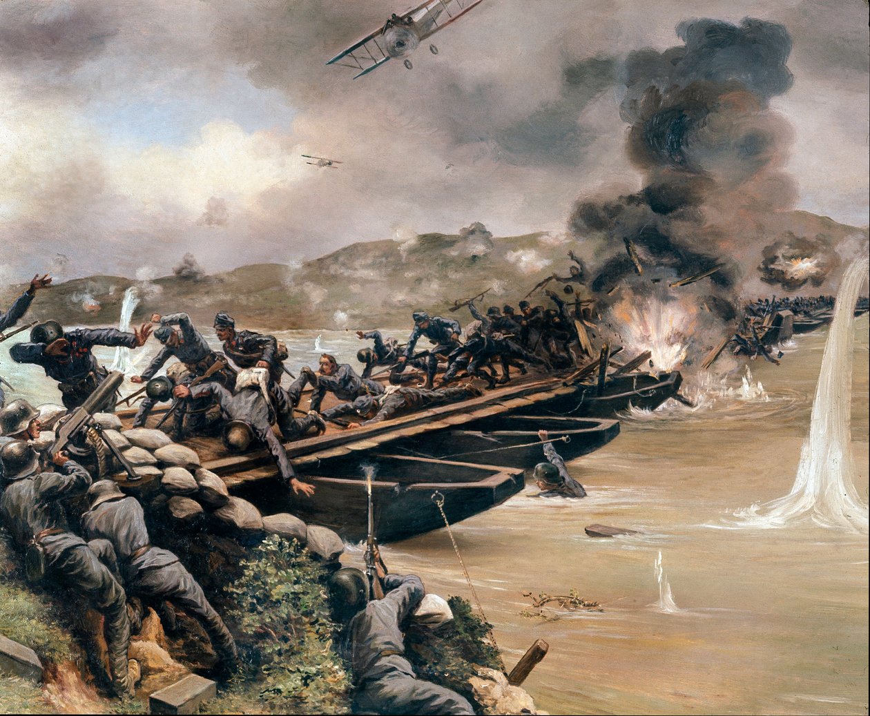 Primeira Guerra Mundial: Batalha do Rio Piave ou Batalha do Solstício ou Batalha do Meio de Junho, em Junho de 1918 (pintura) de Anonymous Anonymous