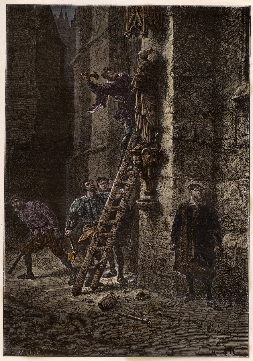 Guerra das Religiões - Iconoclasme - Destruição de objetos sagrados pelos hereges (protestantes) no século XVI na França - Iconoclastas hereges na França - Fúria Iconoclasta - Protestantes Destruem Imagens de Maria e do Cristo-Criança - gravura de "L