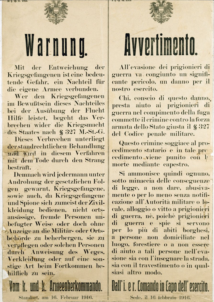 Alerta após a fuga dos prisioneiros de guerra italianos em 16 de Fevereiro de 1916 pedindo à população austríaca que não os ajudasse (gravação de Anonymous Anonymous