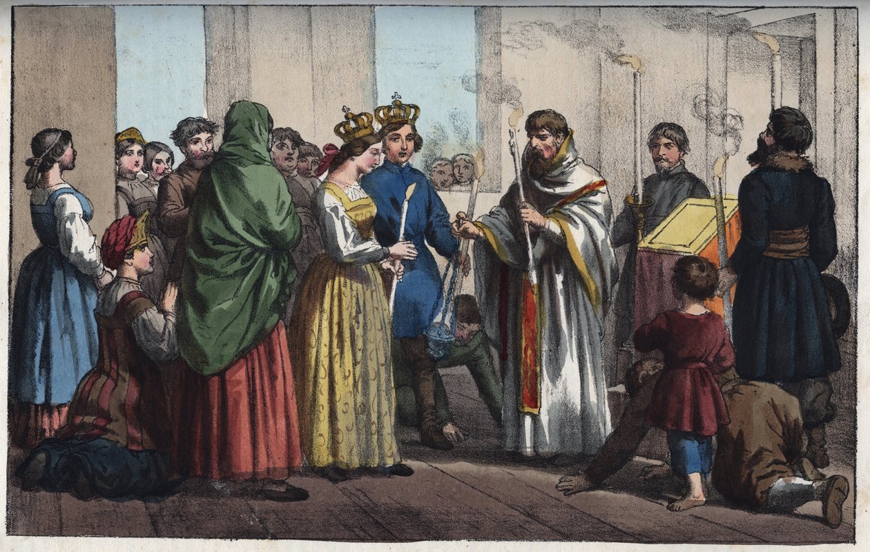 Casamentos na Rússia no século XVIII - gravura de "Hábitos e Costumes de Todos os Povos do Universo". Ou História do governo, leis, milícias, religião de todas as nações desde os tempos mais remotos até aos dias de hoje" 1856 de Anonymous Anonymous
