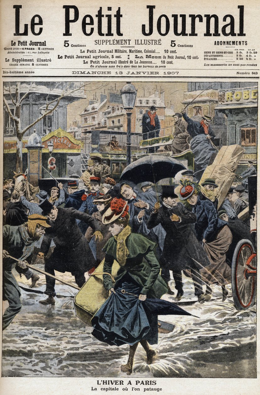 Inverno em Paris: as cavilhas estão a vaguear na neve derretida e as diligências dos transeuntes. Gravura na primeira página do Petity Journal de Anonymous Anonymous