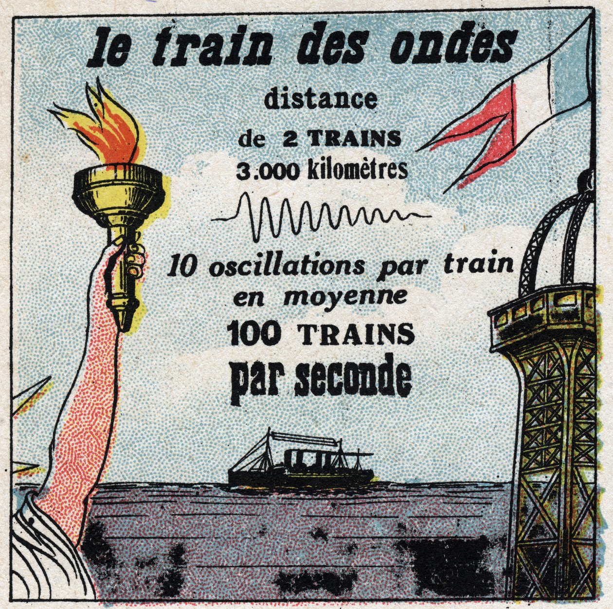 Telegrafia sem fios: o comboio das ondas. Entre Paris e Nova Iorque, nunca há mais do que duas ondas. Ilustração anônima de 1925. Coleção privada. de Anonymous Anonymous