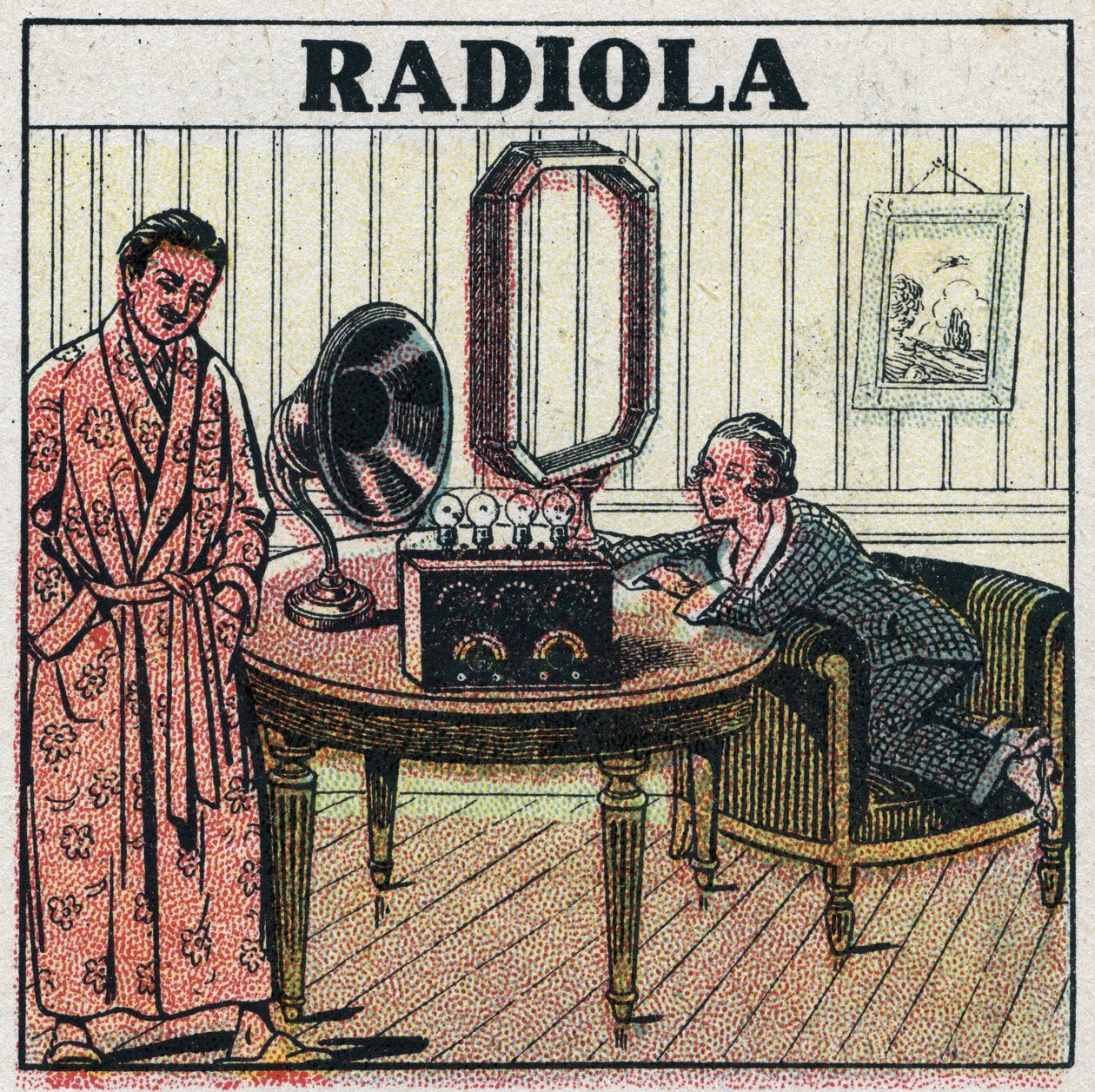 Telefonia sem fios: Conjunto de rádio Radiola. Ilustração anónima de 1925. Coleção privada. de Anonymous Anonymous