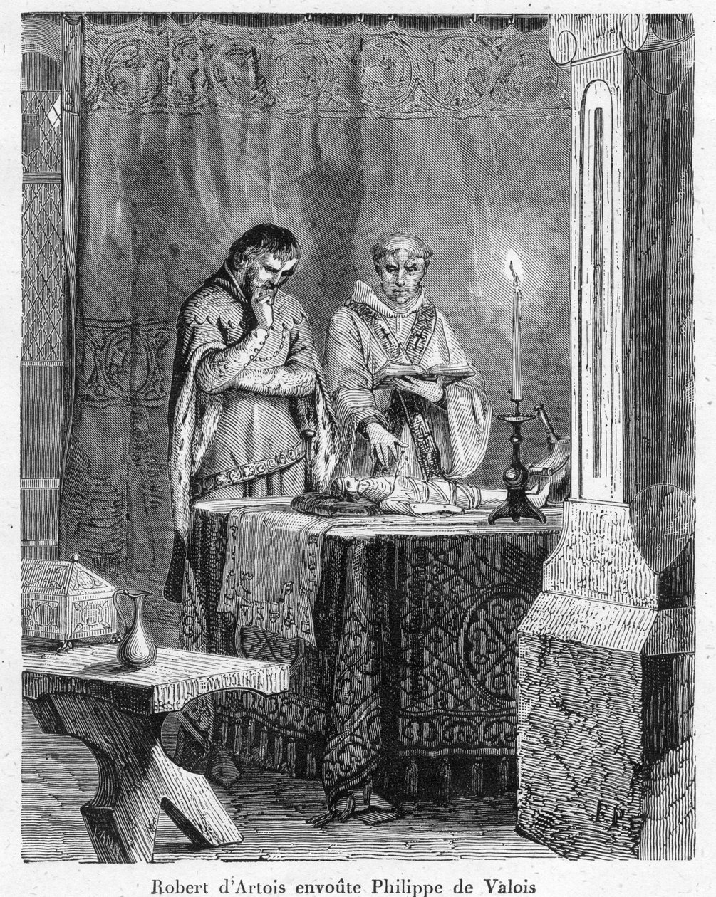 Bruxaria e magia negra: "O Senhor Robert III de Artois (1287-1342) encantando João de Valois (João II, conhecido como João o Bom), filho do Rei Filipe VI, sobre um boneco de cera à sua imagem (vudu) de Anonymous Anonymous