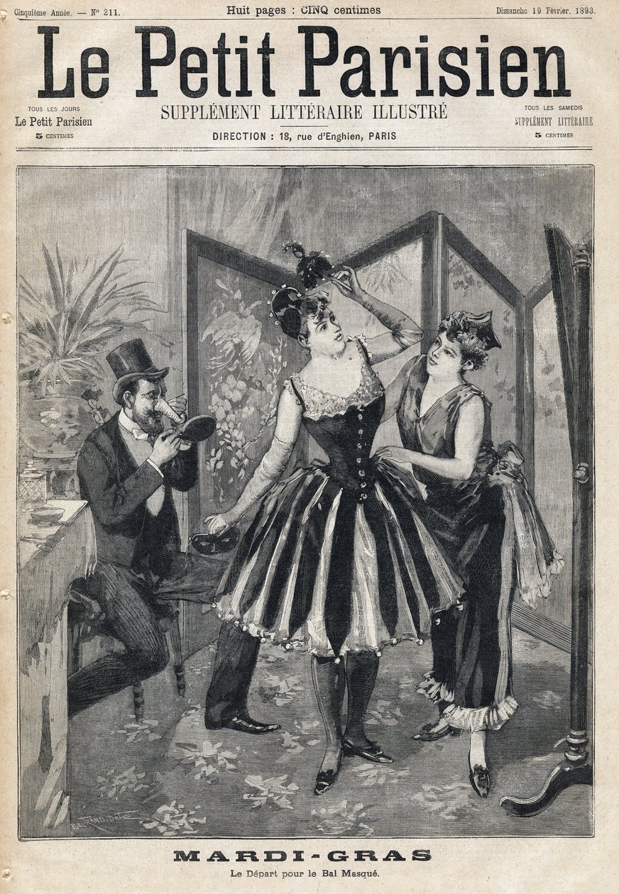 Mulheres preparando o seu desengraxe atrás de uma tela e homem tentando a sua máscara na forma de um tubo de elefante para a Bola de Máscara do Carnaval (Mardi-Gras). Um dos jornais "Le Petit Parisien" em 19/02/1893. de Anonymous Anonymous