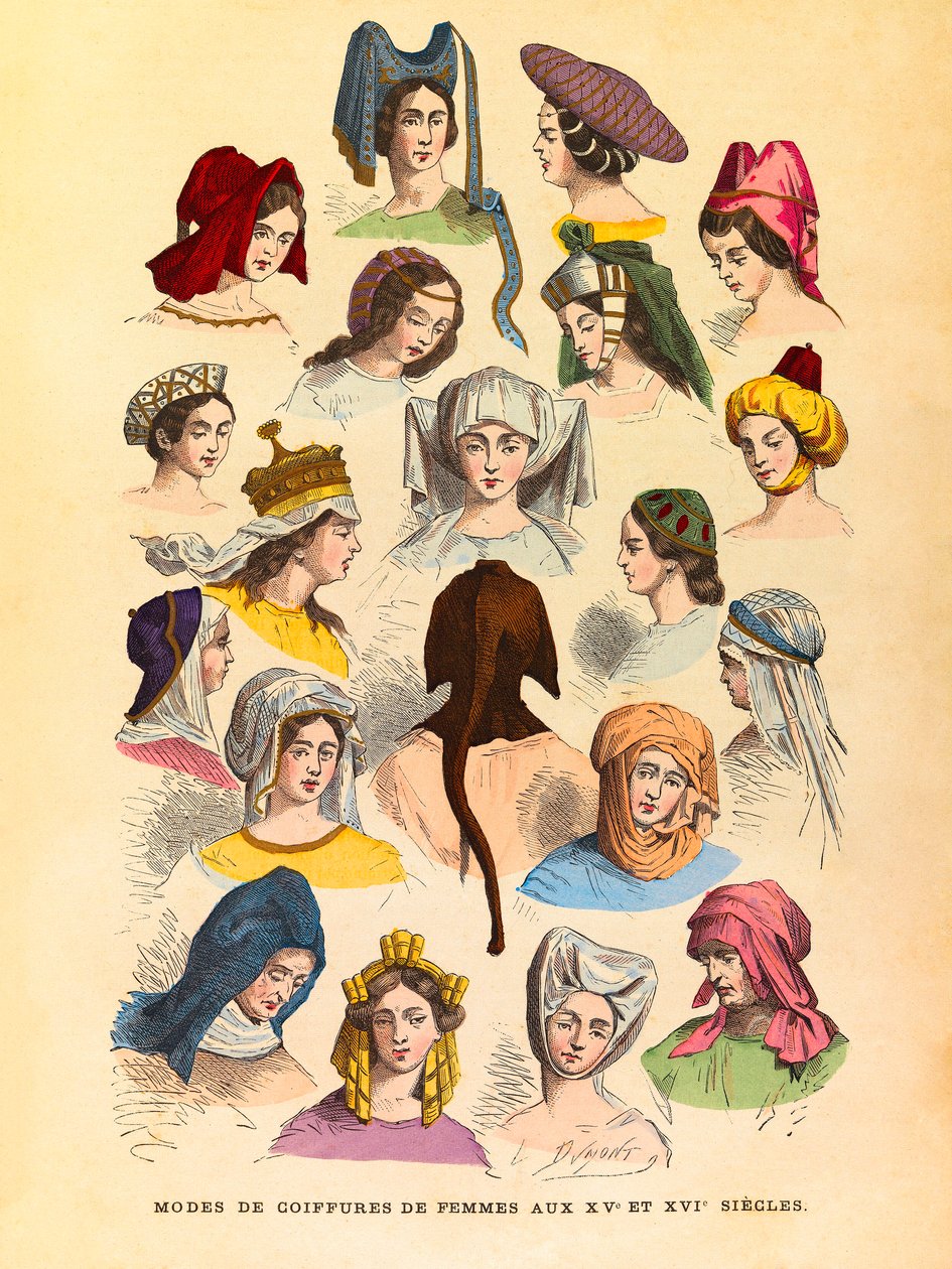 Penteados femininos nos séculos XV e XVI, gravura - coleção particular de Anonymous Anonymous