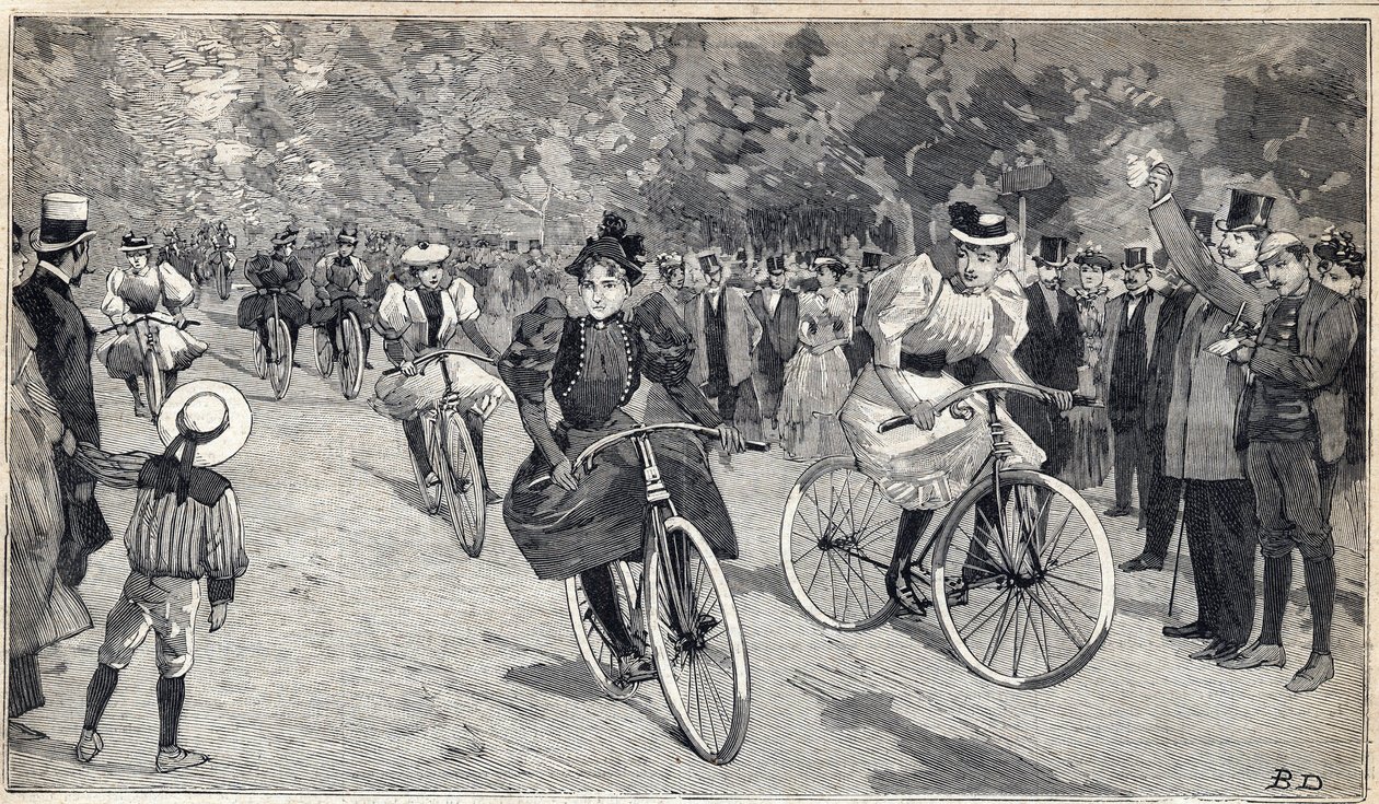 A raça feminina de velocipedistas no Bois de Boulogne, perto de Paris. Gravura no "Le Petit Parisien" em 25/06/1893. de Anonymous Anonymous
