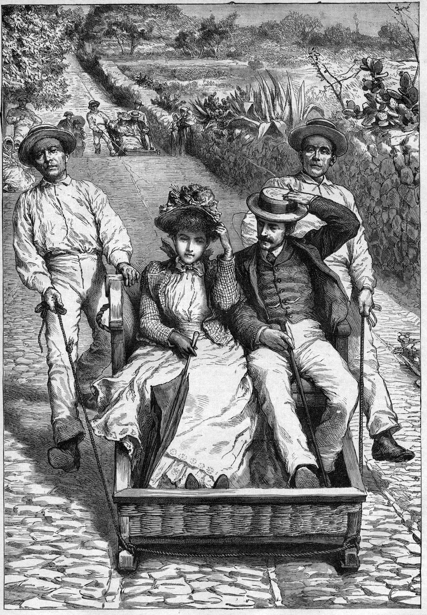 carros de cesto na Madeira 1893 - Les corinhos a Madere (Madeira) - hommes guiando um assento em dois lugares na roleta (un corinho). gravura em "Journal des voyages" 1893 de Anonymous Anonymous