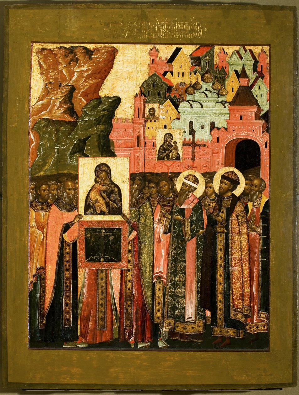 Chegada do ícone de Nossa Senhora de Vladimir em Moscou em 1395, em meados do século XVII. de Anonymous Russian icon painter