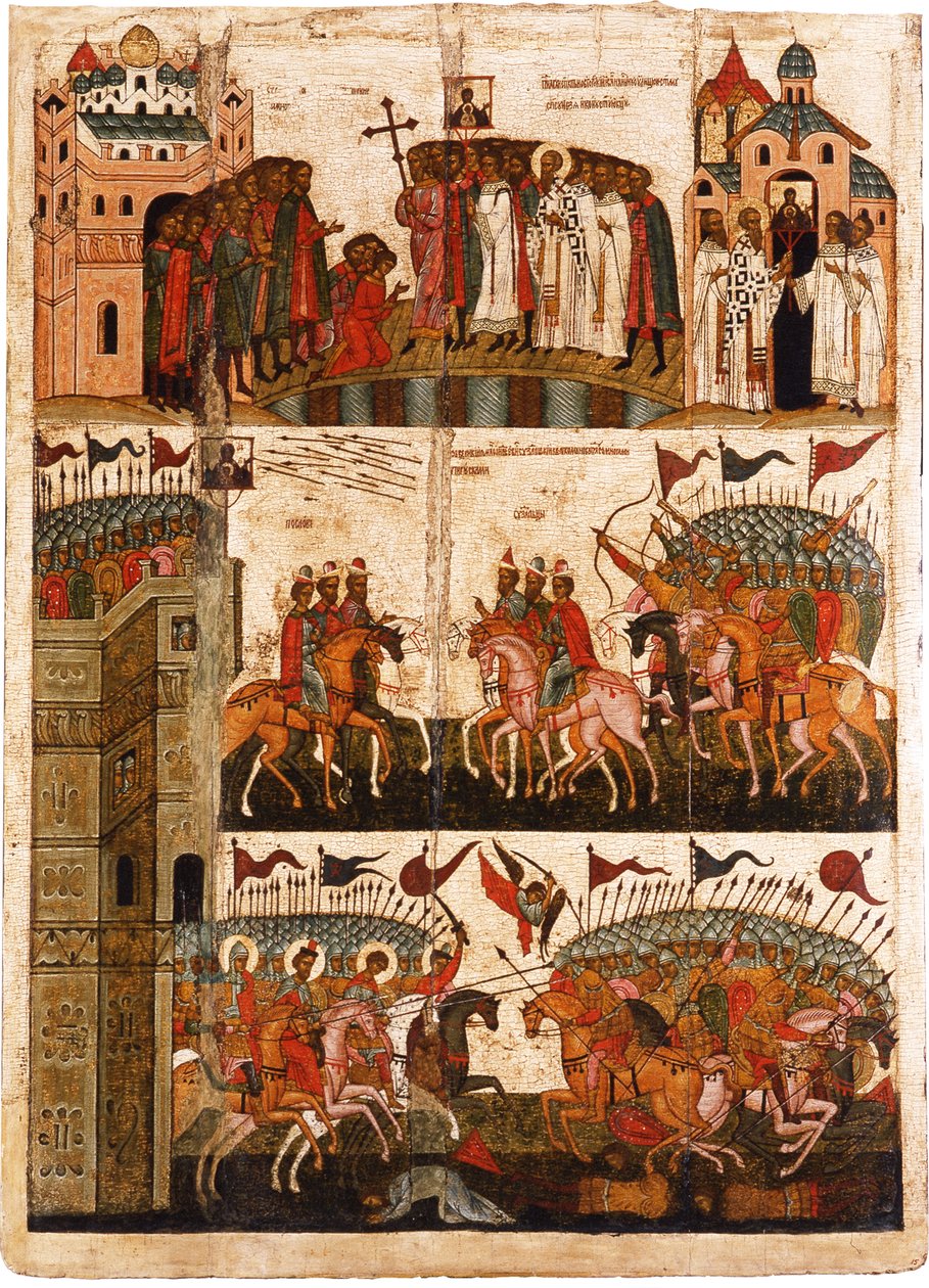 Batalha entre Novgorodians e Suzdalians, meados do século XV. de Anonymous Russian icon painter