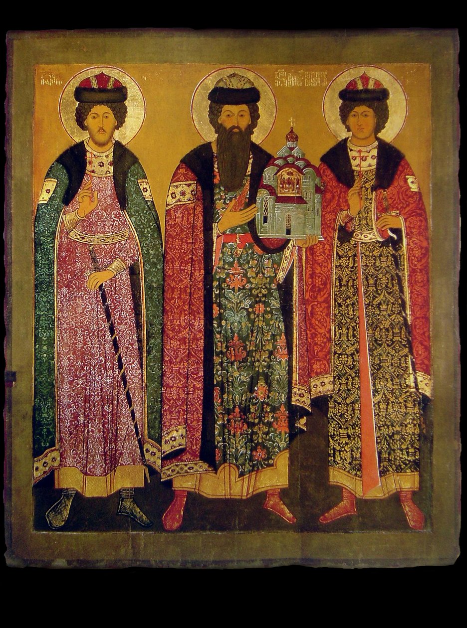 São Vsevolod Mstislavich, príncipe de Pskov com os santos Boris e Gleb, início do século XVII. de Anonymous Russian icon painter