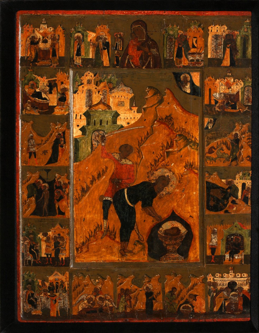 A decapitação de São João Batista com a mãe de Deus Feodorovskaya, início do século XVII. de Anonymous Russian icon painter