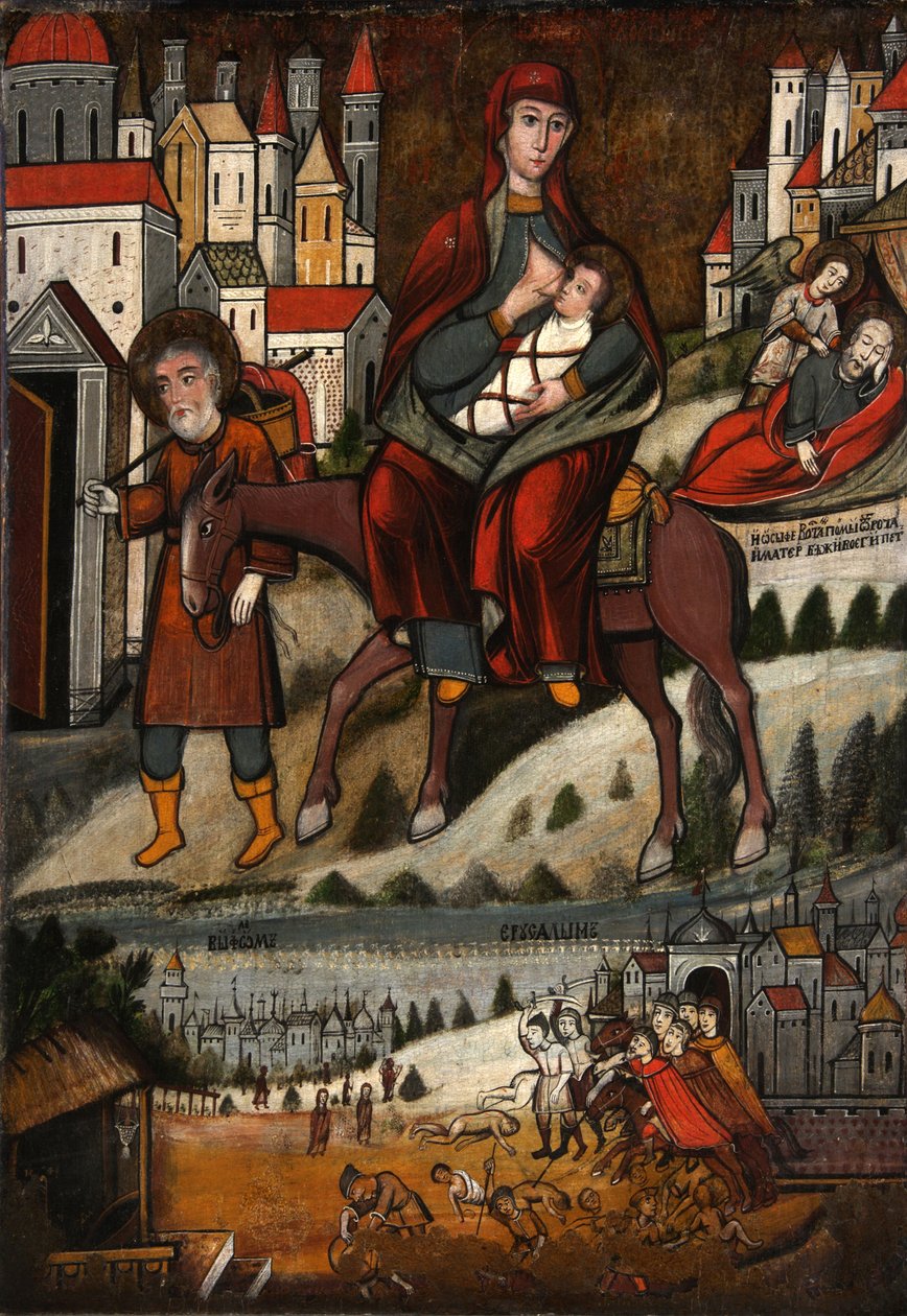 A fuga para o Egito, início do século XVII. de Anonymous Russian icon painter