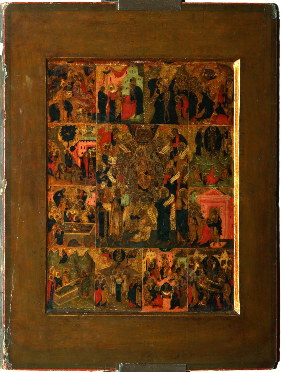 A Glorificação do Hino Akathist Virgem ao Santíssimo Theotokos, início do século XVII. de Anonymous Russian icon painter