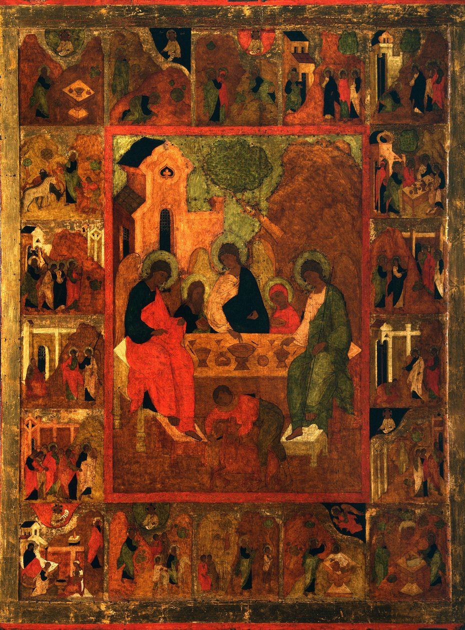 A hospitalidade de Trindade do Antigo Testamento de Abraão, final do século XVI. de Anonymous Russian icon painter