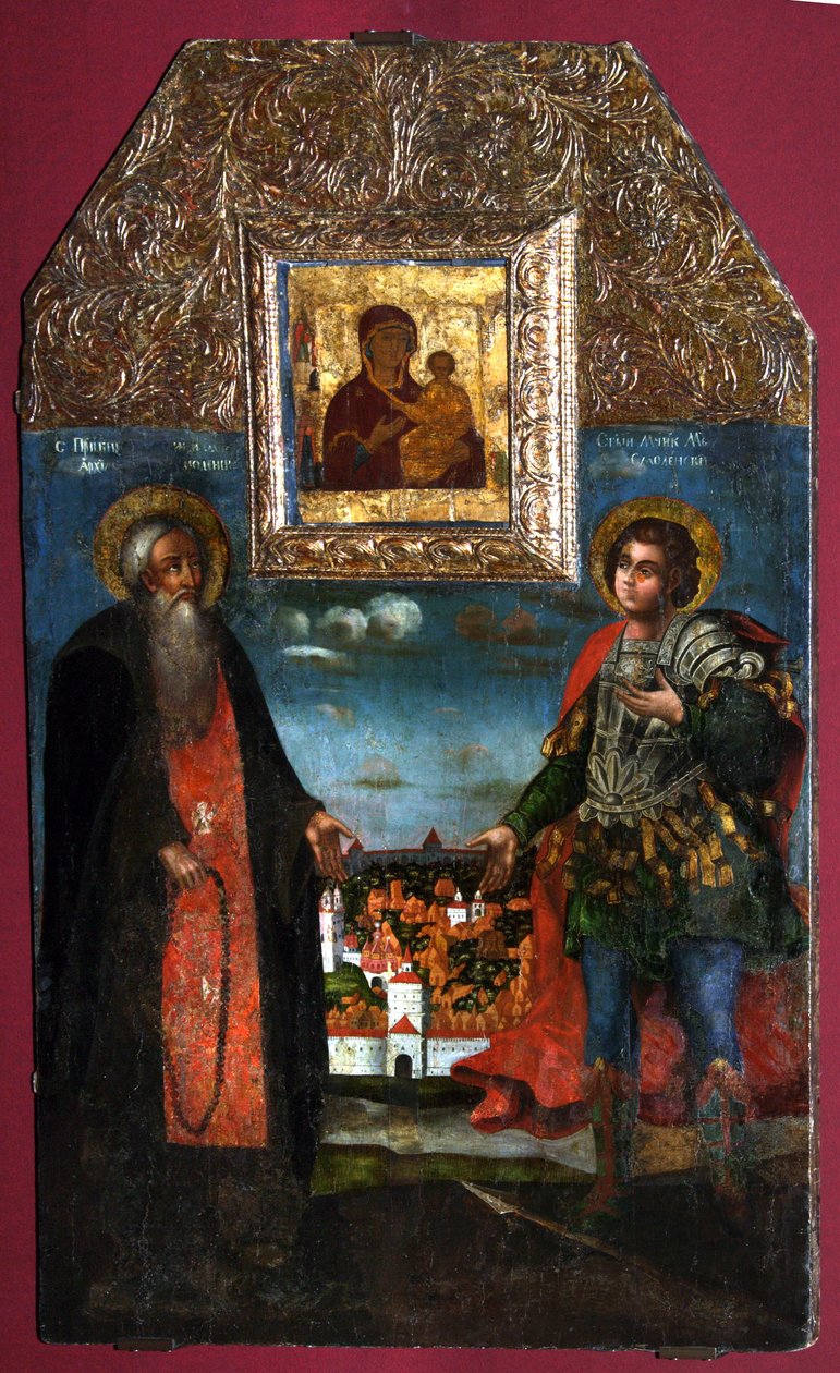 A Virgem Hodegetria de Smolensk com os santos Abraão de Smolensk e Mercúrio de Smolensk, 1722 de Anonymous Russian icon painter