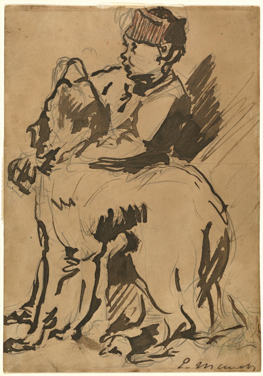 Um menino segurando seu cachorro de Anonymous artist after Edouard Manet