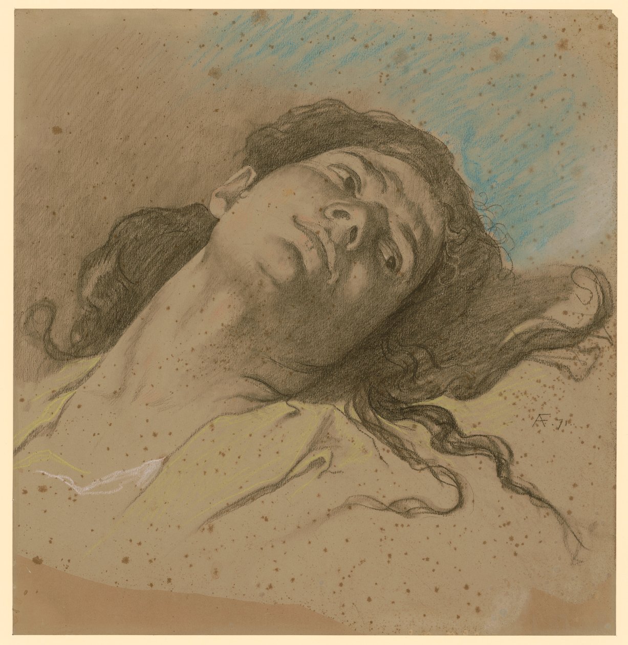 Estudo de cabeça feminina, reclinada, com cabelo solto de Anselm Feuerbach
