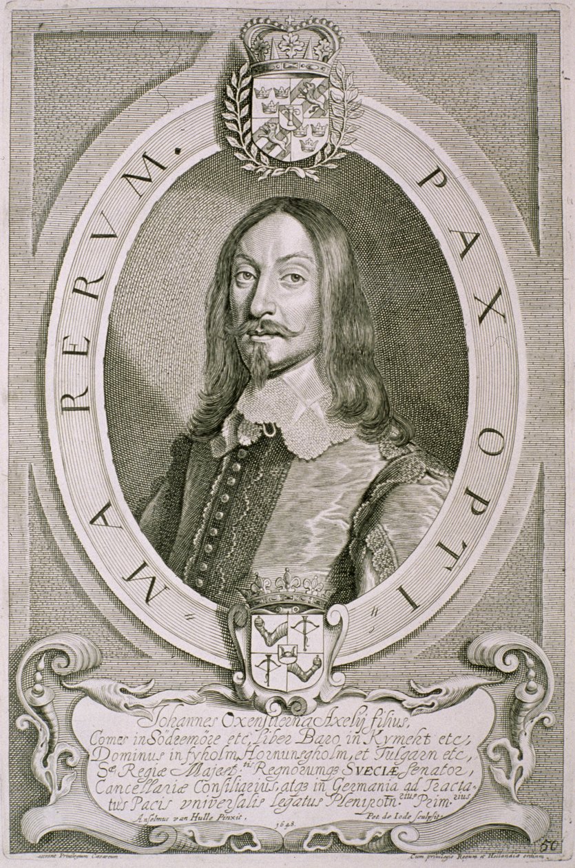 Johan Axelsson Oxenstierna (1611-57) Conde de Sodermore, de Retratos de Homens Ilustres, gravado por Petrus de Iode, publicado em 1706 de Anselmus van Hulle