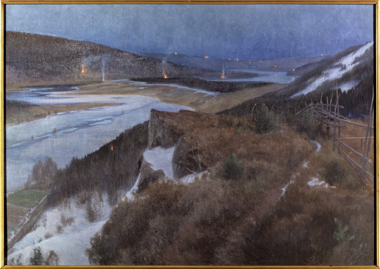 Nuit de Walpurgis a Bergslagen - Noite de Walpurgis em Bergslagen, Grangaerde em Dalarna, por Schultzberg, Anshelm Leonard (1862-1945). Óleo sobre tela de Anshelm Schultzberg