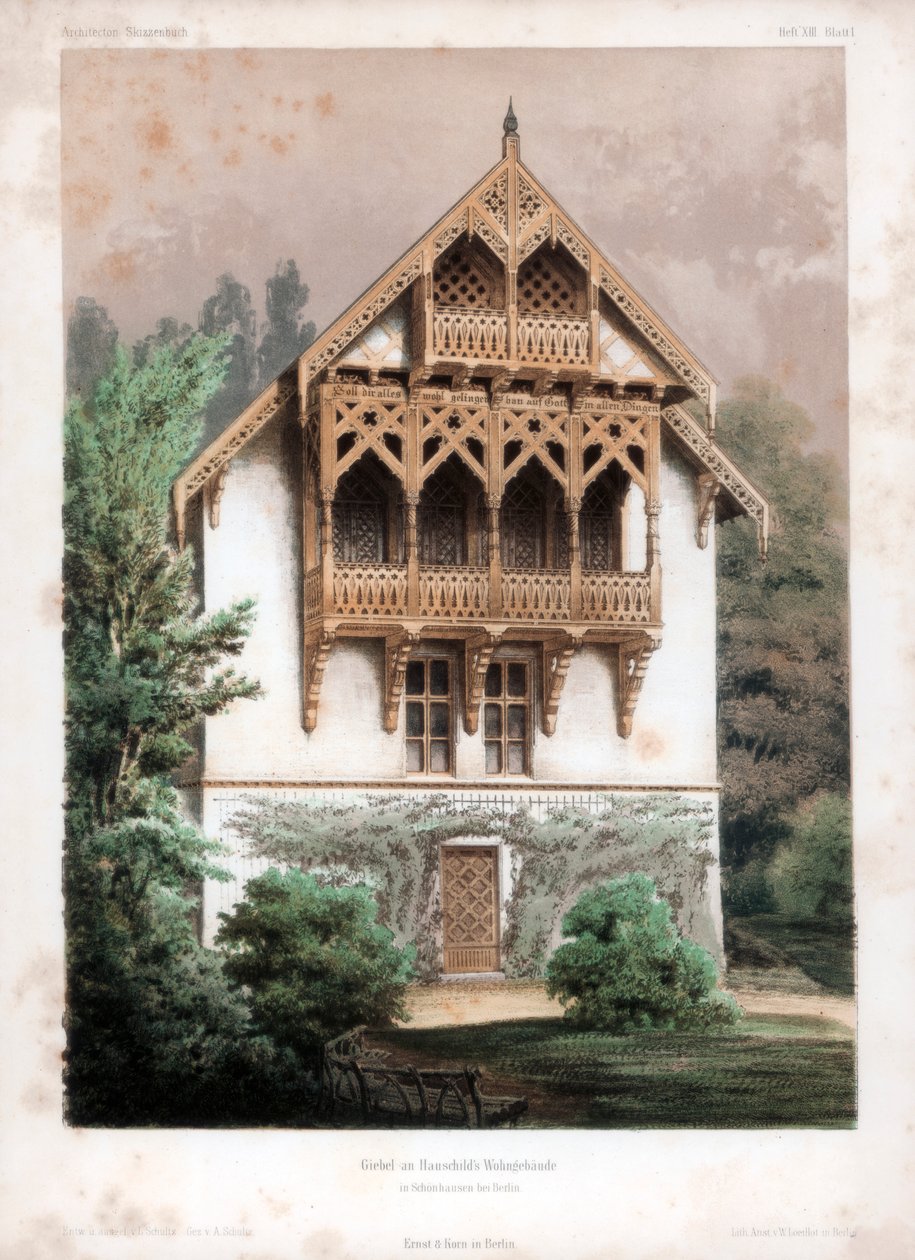 Frontão em um edifício residencial, Schonhausen, perto de Berlim, Alemanha, c1850 de Anst von W Loeillot