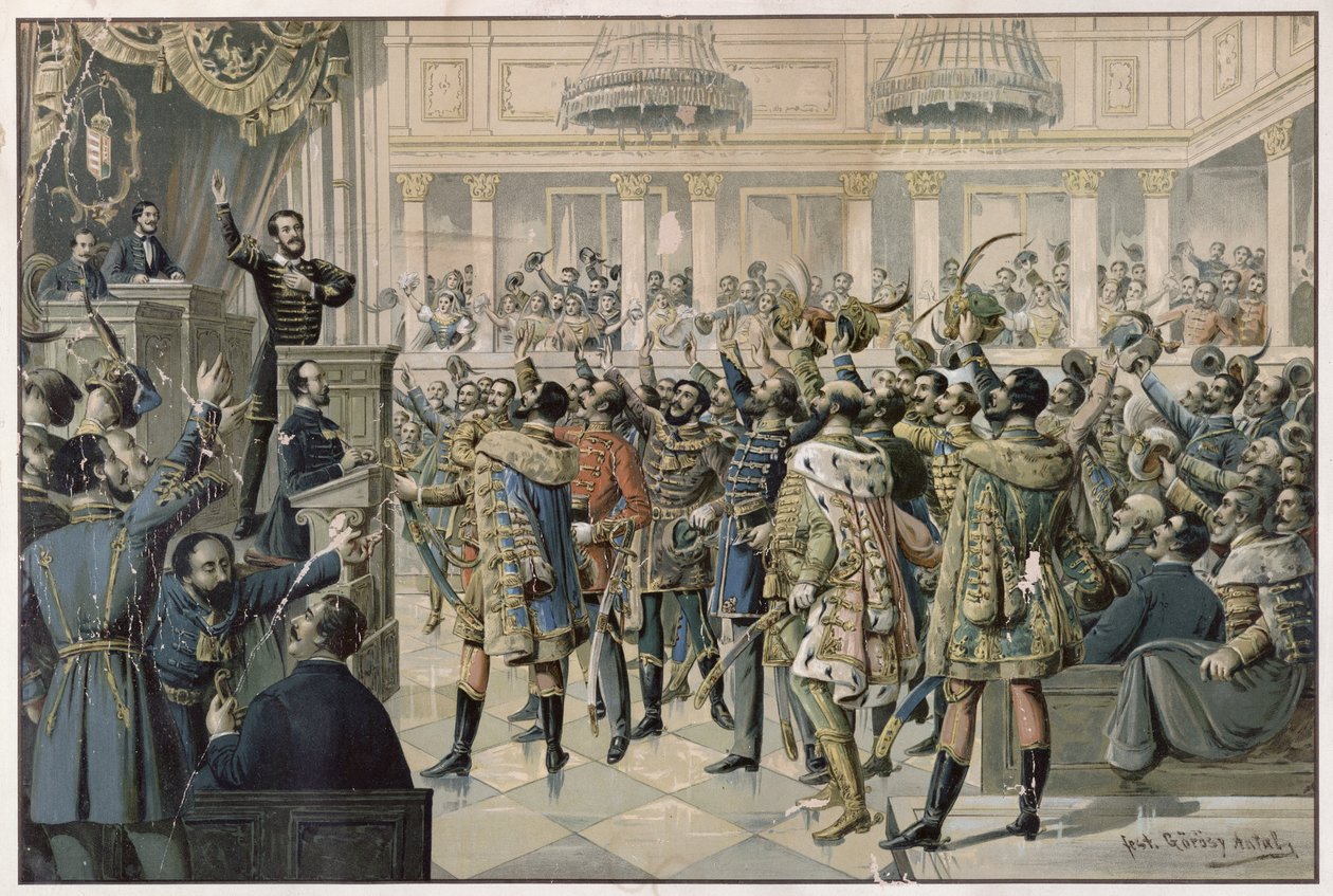 "Nosso movimento é levado!", O parlamento húngaro em Budapeste aprovou a legislação para criar um exército para lutar contra o Império Habsburgo, 2 de julho de 1848, final do século XIX de Antal Gorosy
