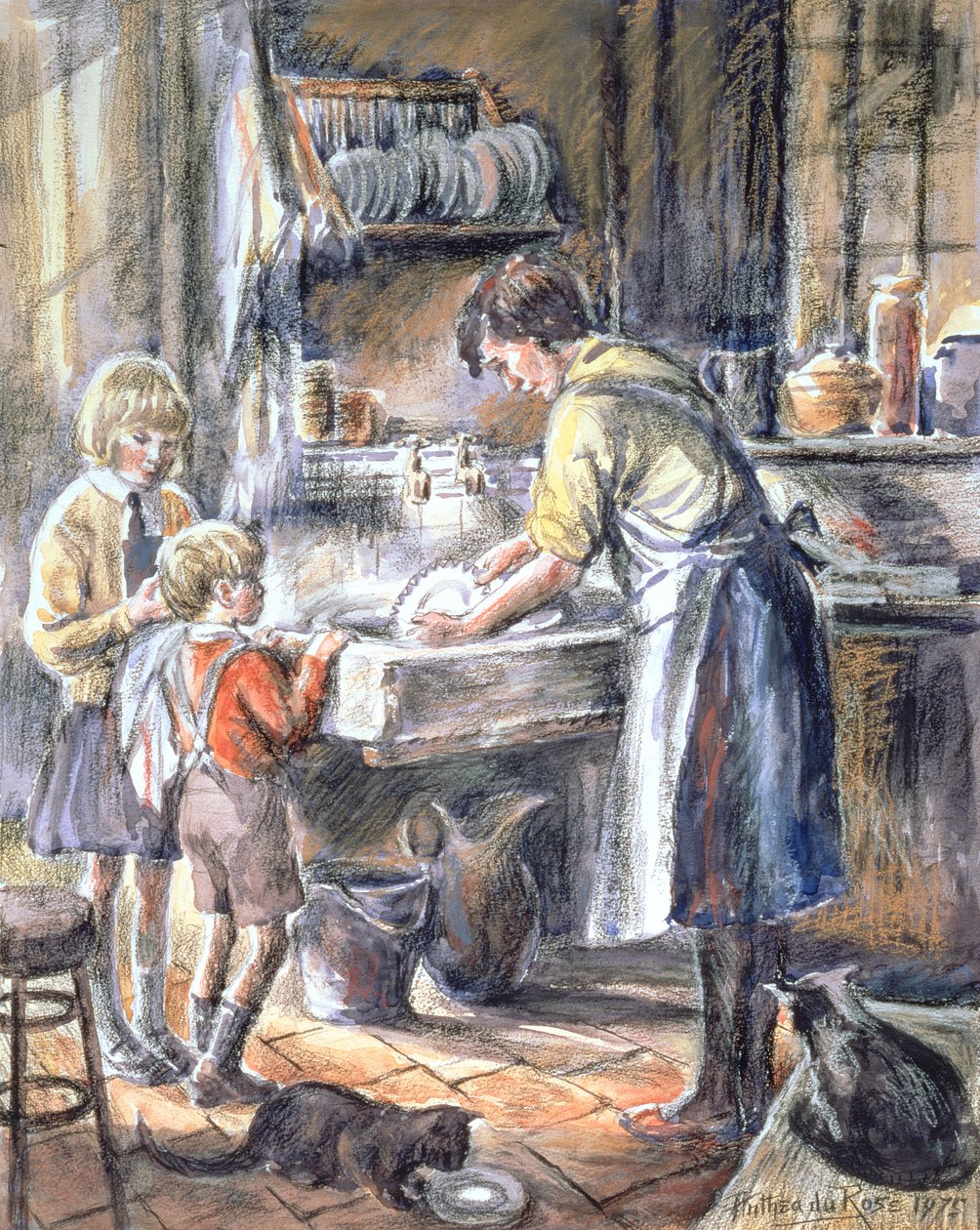 Ajudando com o Washing Up, 1975 (wc e crayon) de Anthea Durose