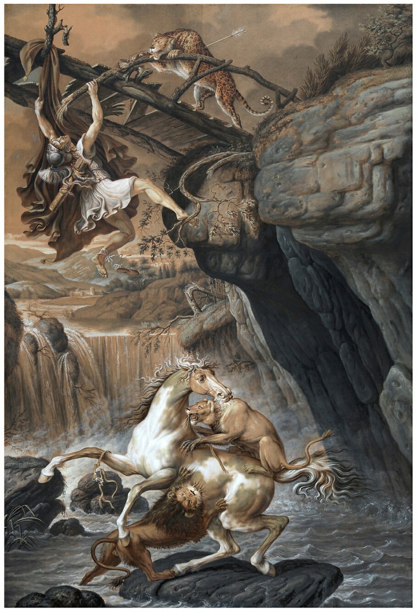 Um guerreiro grego atacado por um leopardo de Anthelme Francois Lagrenee