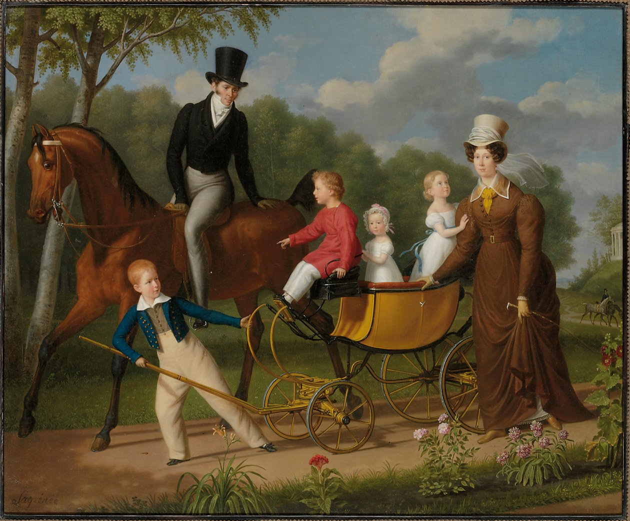 Retrato de um cavalheiro, considerado o arquiteto russo Voronikhin nos arredores do Palácio Pavlovsk, com sua esposa e filhos de Anthelme Francois Lagrenee