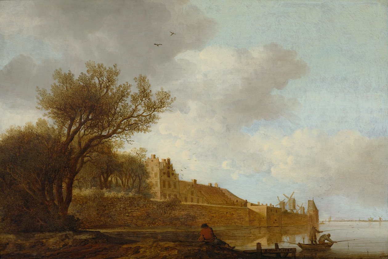 Estuário com pescador em frente a uma cidade de Anthonie Jansz. van der Croos  