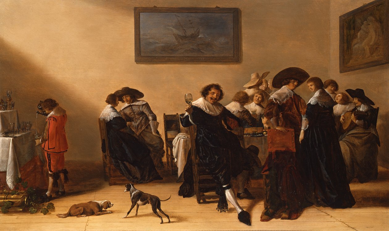 Um grupo feliz em um Interior, comendo e bebendo de Anthonie Palamedesz