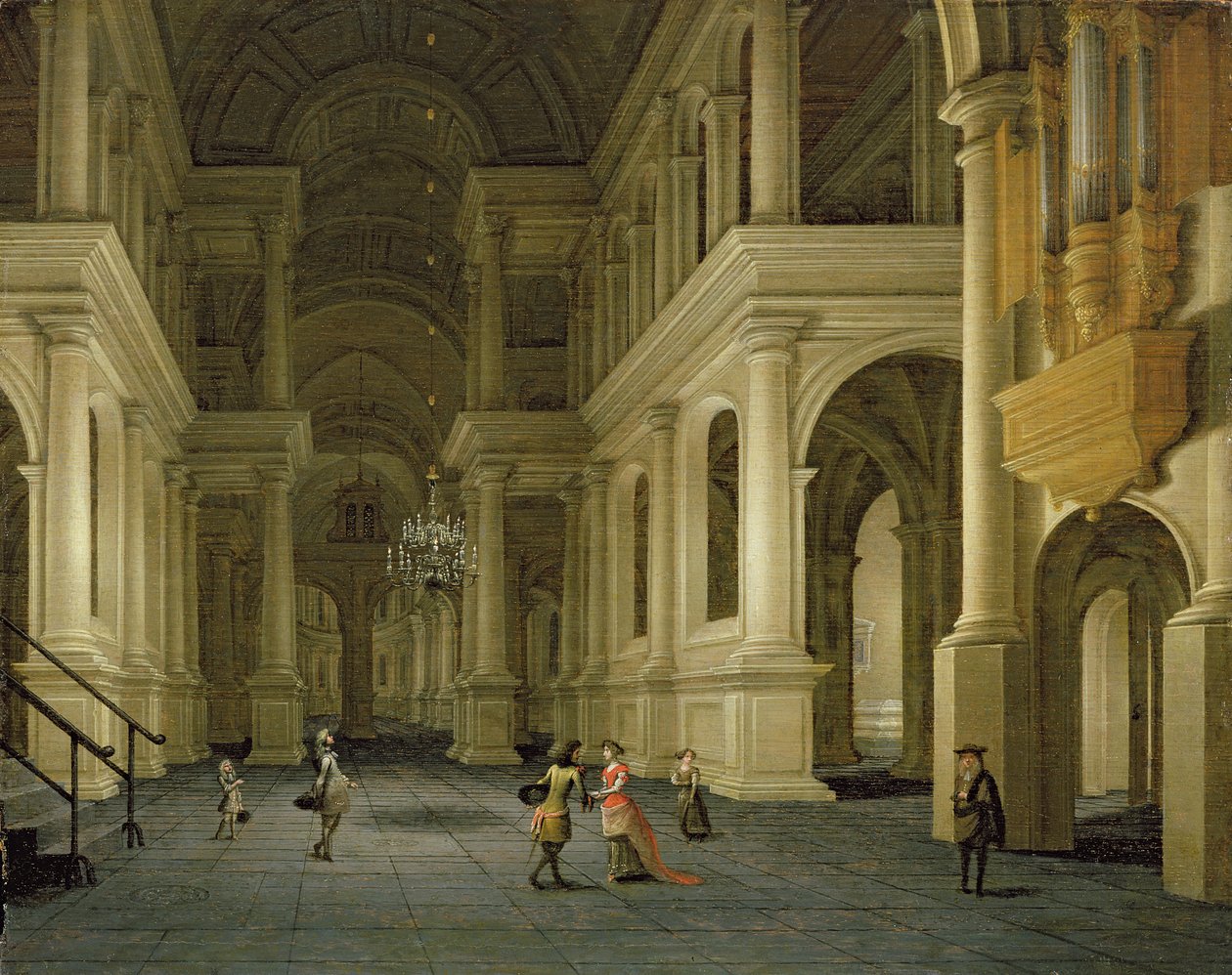 O interior de uma catedral renascentista à luz de velas de Anthonie Delorme