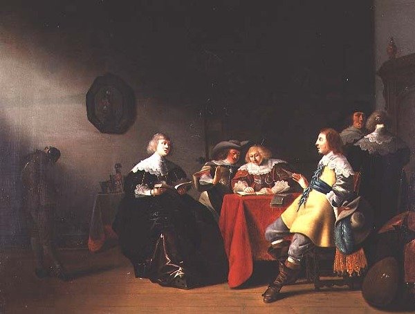 Um interior com elegantes figuras lendo de Anthonie  Palamedesz