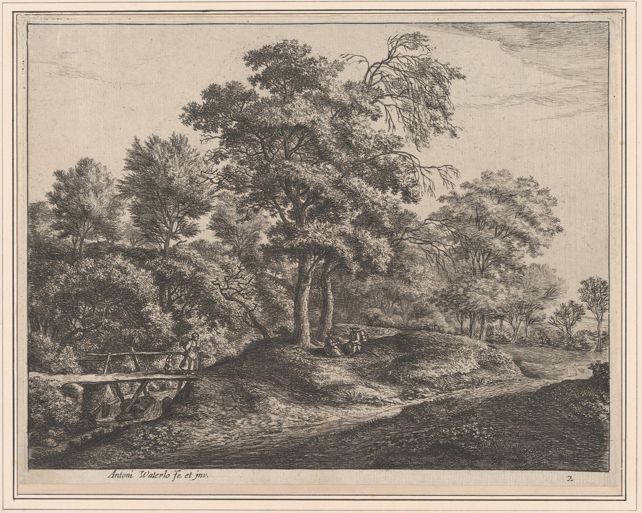 Camponesa e filha numa pequena ponte de madeira, século XVII. de Anthonie Waterloo