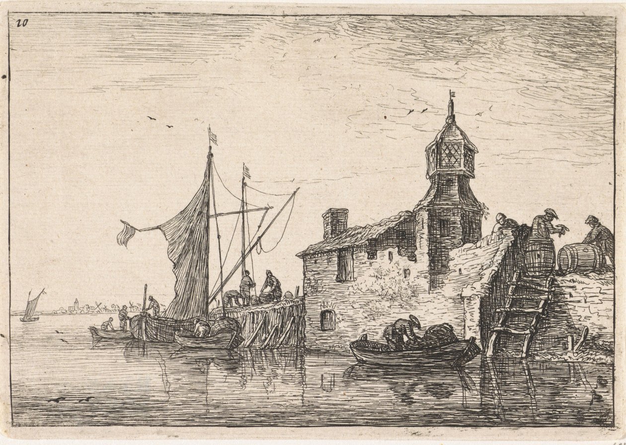 Cais junto a um edifício com uma torre de Anthonie Waterloo