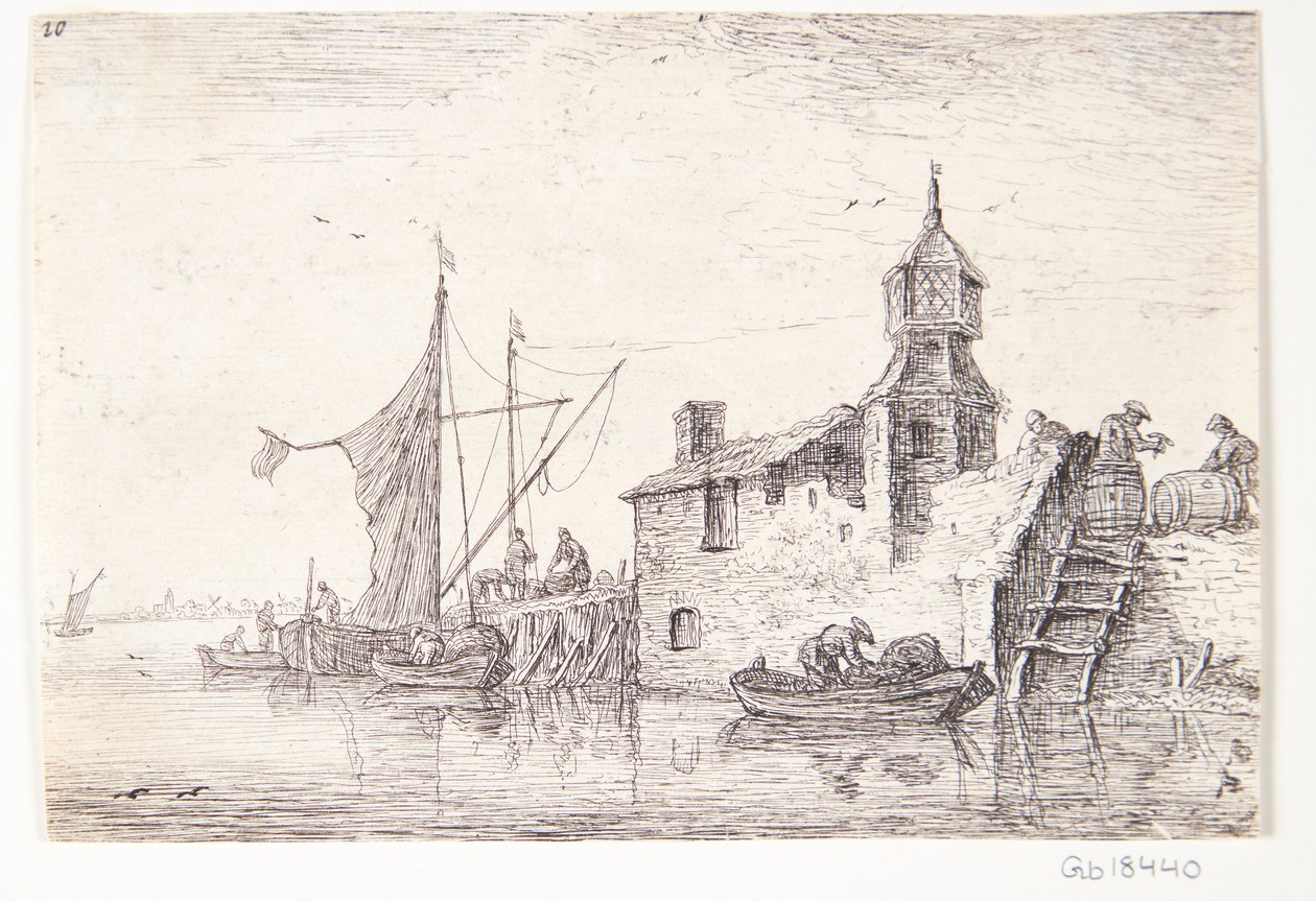 Local de atracação com um edifício com uma torre de Anthonie Waterloo